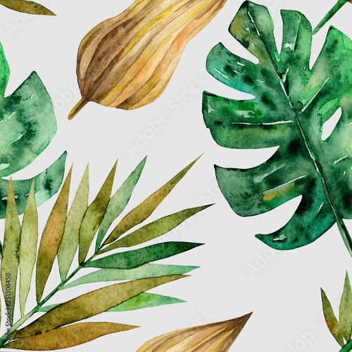 Foto-Gardine - Seamless pattern with green tropical palm and monstera leaves. Exotic and jungle trendy style. Hand drawn watercolor illustration. Exotic hawaiian summer design for print, printing on paper or fabric (von Anastasia)