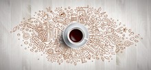 Coffee Concept On Wooden Background - White Coffee Cup, Top View With Doodle Illustration About Coffee, Beans, Morning, Espresso In Cafe, Breakfast. Morning Coffee Vector Illustration. Hand Draw And