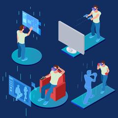 Sticker - Virtual reality gaming, sporting, relaxing isometric vector concept. Illustration of virtual reality, entertainment gaming controlled