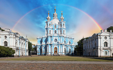 Wall Mural - Rainbow over Smolny cathedral in Saint Petersburg, Russia