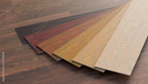 Fotografía Color samples of wooden laminate floor. 3D rendered illustration.