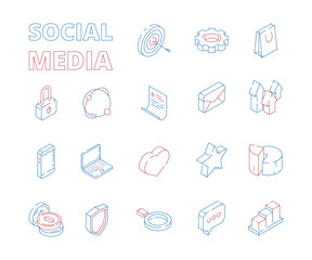 Wall Mural - Marketing isometric icon. Web social media network symbols digital set mail graphs likes hearts news message thin line vector pictures. Illustration of social media network, isometric 3d symbol