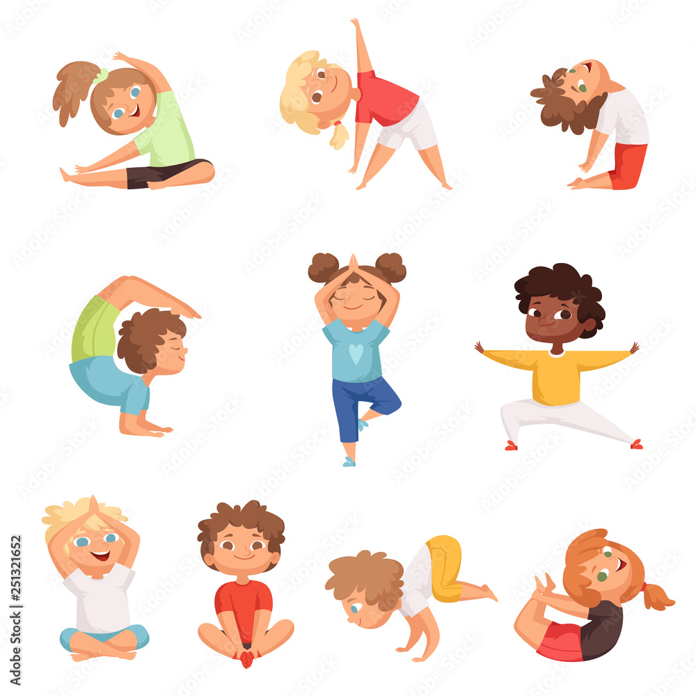 Vetor do Stock Yoga kids characters. Fitness sport childrens posing and  making gymnastics yoga exercises vector illustrations. Sport yoga child,  health and meditation boy and girl | Adobe Stock, image size:1000x1000
