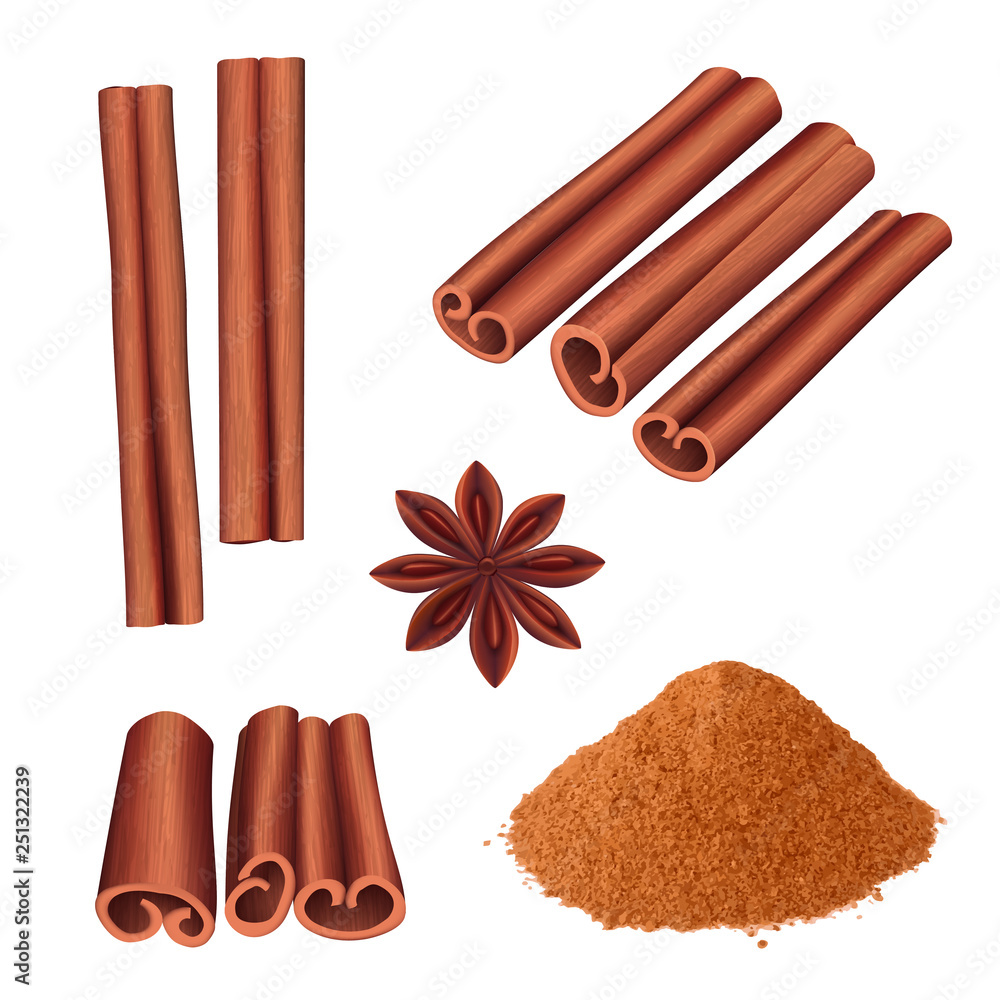 Cinnamon spice. Herbs dessert aromatic food stick cinnamon bark vector illustration. Aromatic cinnamon, ingredient for dessert, spice cooking - obrazy, fototapety, plakaty 