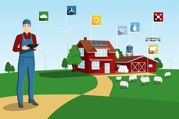 Modern farmer with a tablet computer and drone on a smart farm. Vector illustration