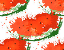 Seamless Texture With Watermelon Slices Of Watercolor Splashes On A White Background. Grunge Pattern