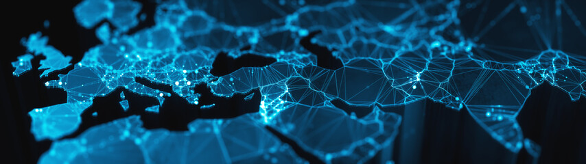 Wall Mural - digital mainlands from space. cities and countries connected by plexus light lines. virtual continen