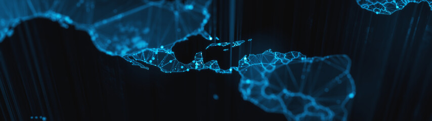 Wall Mural - digital mainlands from space. cities and countries connected by plexus light lines. virtual continen