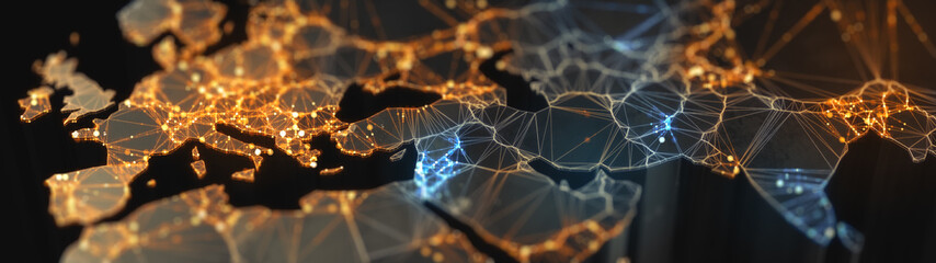 Wall Mural - digital mainlands from space. cities and countries connected by plexus light lines. virtual continen