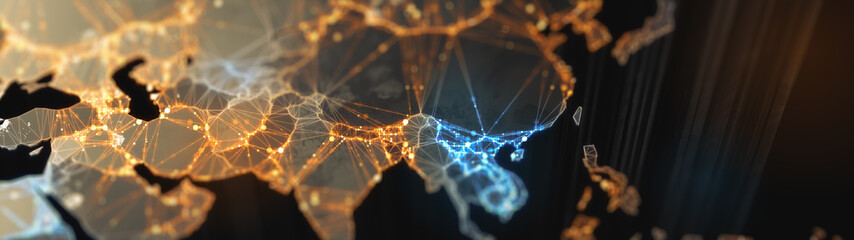 Wall Mural - digital mainlands from space. cities and countries connected by plexus light lines. virtual continen