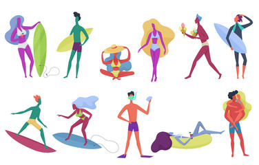 Wall Mural - Summer beach active happy young tiny people cartoon vector illustration set.