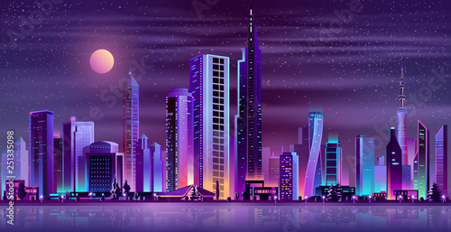 Obraz na plátně Metropolis night skyline with illuminated skyscrapers, cottage houses or public buildings on city quay shore and full moon in starry sky neon cartoon vector illustration