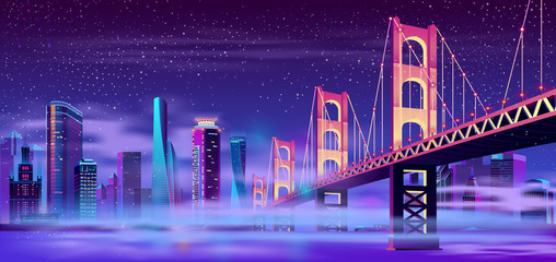 Wall Mural - Vector big hinged bridge and mist on the water. Modern megapolis on river, fog. Night architecture background with glowing buildings in cartoon style. Urban skyscrapers in neon colors, town exterior.