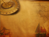 Fototapeta Sawanna - Steampunk vintage paper travel map, clock sailboat ship, old retro grunge canvas background