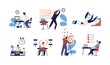 Bundle of people unable to organize their tasks and failing to fit them in schedule. Set of scenes with inefficient and ineffective time management and multitasking. Flat cartoon vector illustration.