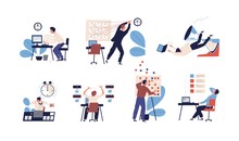 Bundle Of People Unable To Organize Their Tasks And Failing To Fit Them In Schedule. Set Of Scenes With Inefficient And Ineffective Time Management And Multitasking. Flat Cartoon Vector Illustration.