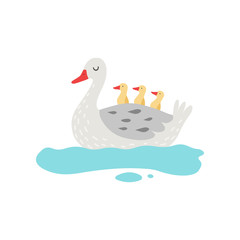 Sticker - Beautiful White Goose Cartoon Character Swimming in Pond with Goslings Vector Illustration