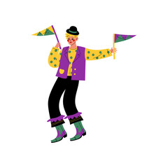 Poster - Young Man Wearing Bright Traditional Mardi Gras Costume, Guy Celebrating Carnival Party with Flags Vector Illustration