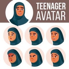 Wall Mural - Arab, Muslim Teen Girl Avatar Set Vector. Face Emotions. Children. Beautiful, Funny. Cartoon Head Illustration