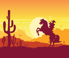 Wall Mural - Wild West American desert. Vector Texas prairie landscape with cowboy on horse