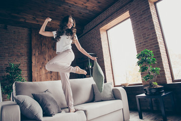 Poster - Close up portrait easy-going beautiful brunette she her lady dancing pillow romantic mood wake up husband saturday morning turn music on wearing domestic light color clothes outfit sit comfy divan