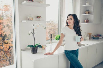 Poster - Close up photo beautiful brunette she her lady homey indoors watch through window hold beverage glad clean flat wearing domestic home apparel clothes outfit comfy table kitchen