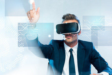 Wall Mural - businessman in virtual reality headset touching innovation technology isolated on white, artificial intelligence concept