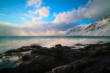 Wall Mural - Panorama   seashore and mountains in Norway