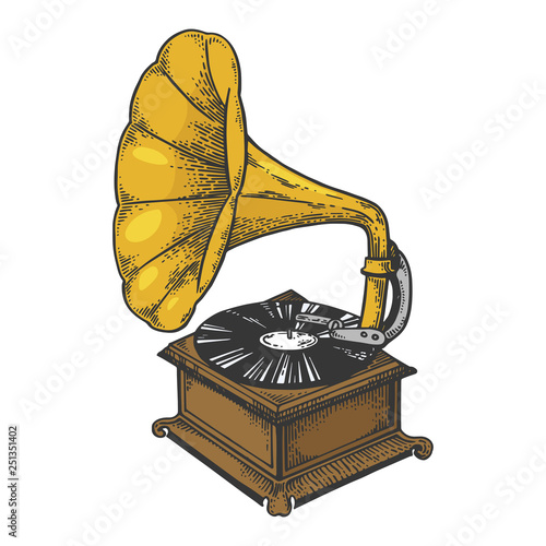 Cuadros en Lienzo Old fashioned vintage gramophone phonograph color sketch engraving vector illustration