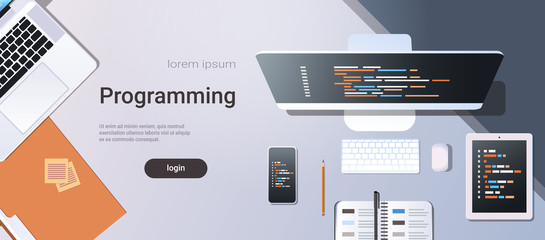 Wall Mural - web site design development program code programming concept top angle view desktop computer monitor