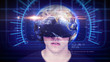 © Yucel Yilmaz - Young man wearing VR headset and experiencing virtual reality. Technology related digital earth network concept. Seamless Loop. 3D Rendering.