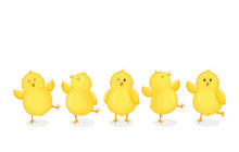 Little Chicks Cartoon Set. Funny Yellow Chickens In Different Poses. Vector Illustration Isolated On White Background.