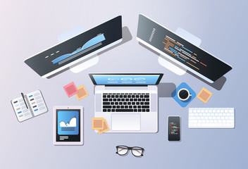 Wall Mural - design software development programming concept top angle view desktop computer monitor tablet smart