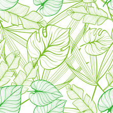 Seamless Floral Pattern With Tropical Leaves. Line Drawing. Hand-drawn Illustration.