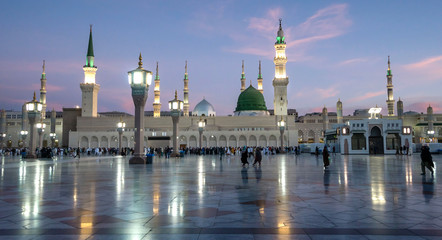 Muslims gathered for worship Nabawi Mosque, Medina, Saudi Arabia