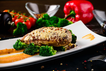 healthy food, grilled chicken breast fillet with fresh vegetables, diet