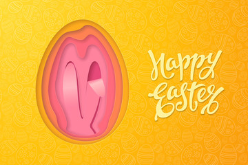 Wall Mural - Vector horizontal template of Easter greeting card with text, realistic layered cut out paper egg and pink ears of bunny. Cute abstract yellow background in 3D paper cut style with paschal pattern.