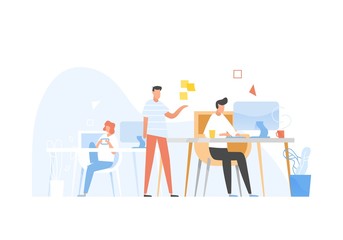 Programmers or coders working together. Front-end and back-end software development and testing, programming or program coding. Conversation between colleagues at work. Flat vector illustration.