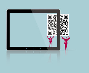  Two businessmen carry the QR code symbol. Load your tablet.Isolated on blue background.