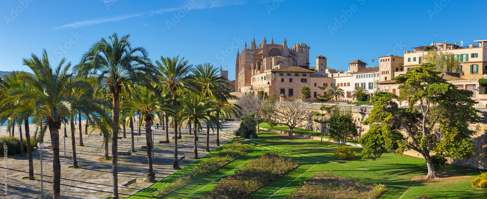 Palma de Mallorca - The cathedral La Seu promenade and park from city walls. - obrazy, fototapety, plakaty 
