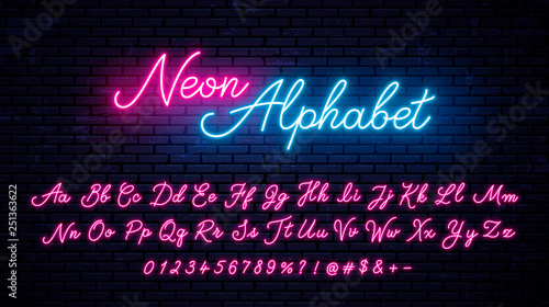 Fotografie, Tablou  Vector neon alphabet on wall background