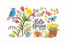 Seasonal Horizontal Banner Template With Hello Spring Phrase, Blooming Meadow Flowers, Cute Pretty Funny Birds And Butterflies On White Background. Flat Decorative Floral Vector Illustration.