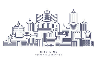 Wall Mural - Line modern urban big city panorama with color building on background. Outline skyscrapers. vector illustration