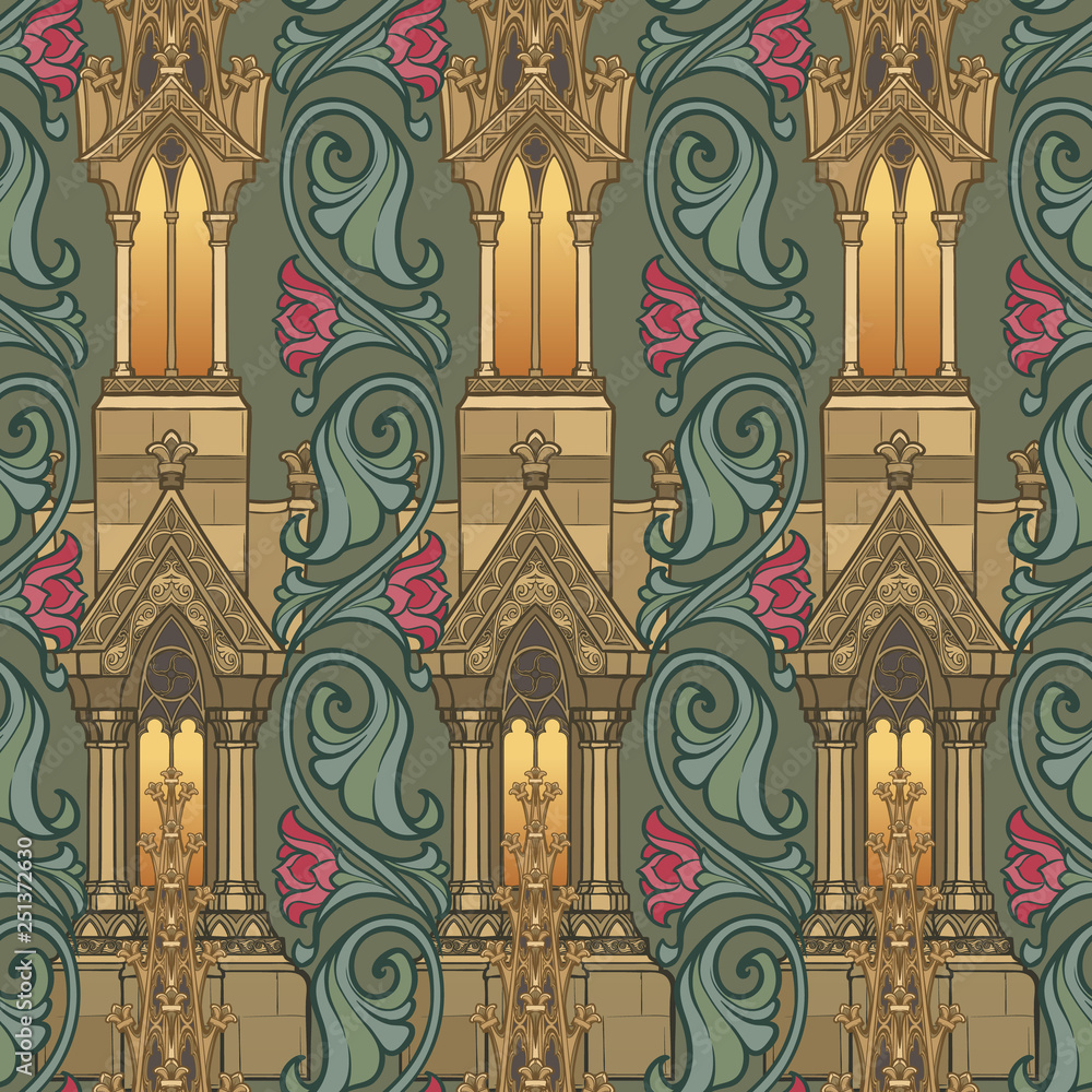 Medieval architectual elements. Seamless pattern in a style of a ...