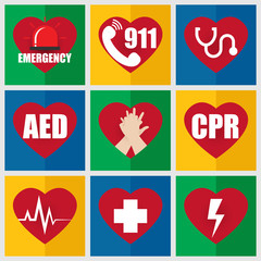 Wall Mural - Set of Emergency Flat Icon about First Aid and CPR