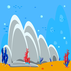 Wall Mural - Underwater background cartoon illustration of rocks and seaweed on the sandy bottom. Bubbles water and silhouette fish, algae and red coral. Game vector