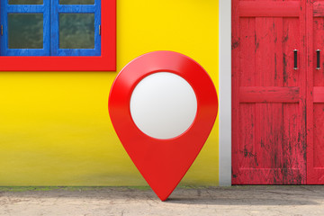 Leinwandbilder - Red Target Pin Pointer in front of Retro Vintage European House Building, Narrow Street Scene. 3d Rendering
