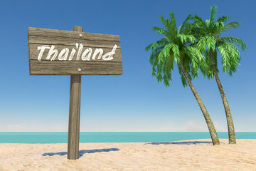Leinwandbilder - Tourism and Travel Concept. Wooden Direction Signbard with Thailand Sign in Tropical Paradise Beach with White Sand and Coconut Palm Trees. 3d Rendering