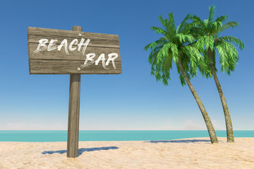 Leinwandbilder - Tourism and Travel Concept. Wooden Direction Signbard with Beach Bar Sign in Tropical Paradise Beach with White Sand and Coconut Palm Trees. 3d Rendering