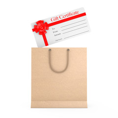 Aufkleber - Gift Certificate with Red Ribbon and Bow Falling in to Paper Bag. 3d Rendering